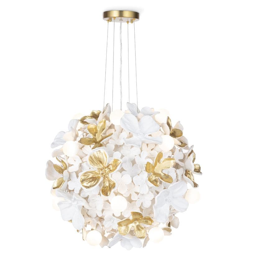Dogwood Petals Chandelier: matte white and gold leaf floral chandelier with concealed glass globes.