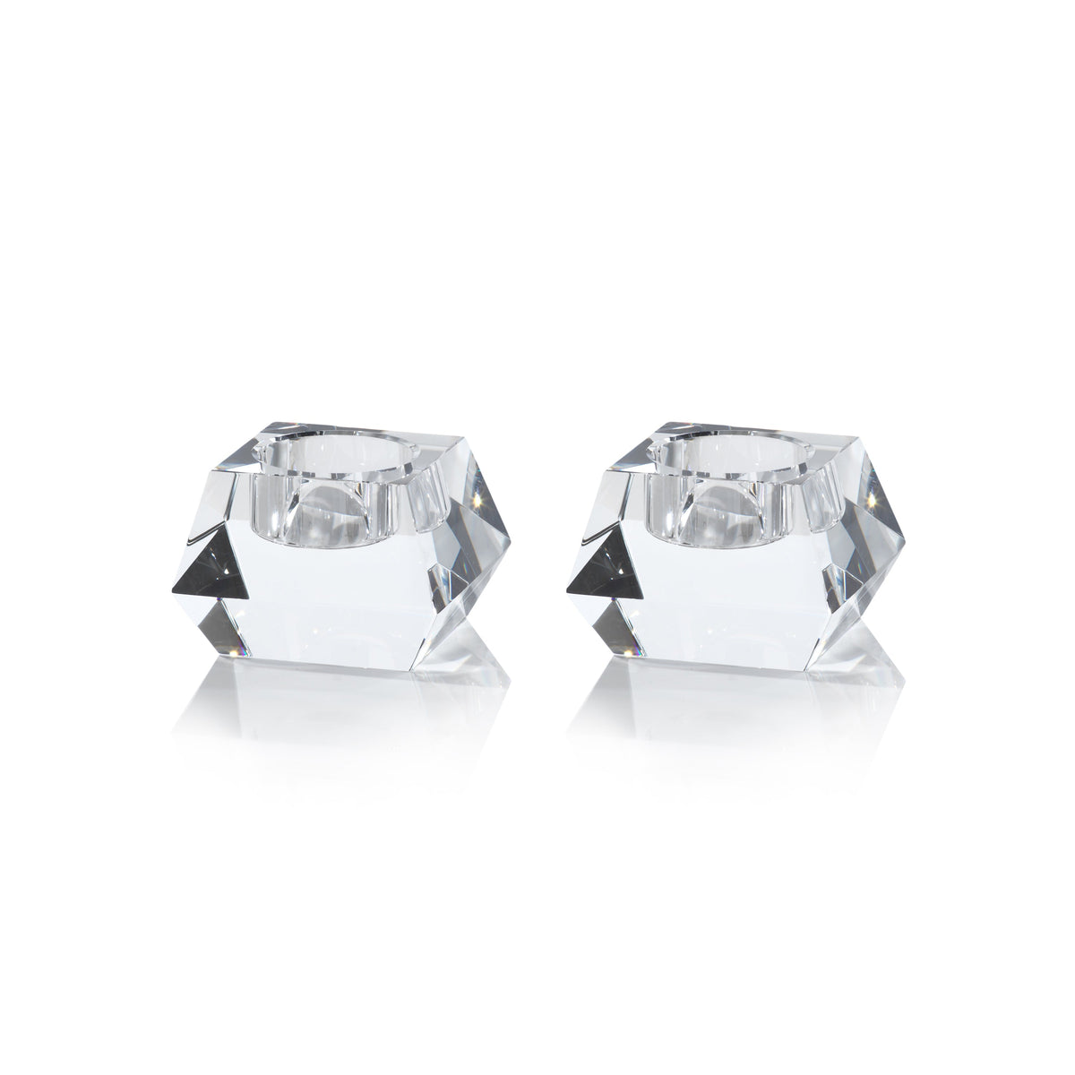 Doris Clear Crystal Tealight Candle Holders, Set of 2 - Tealight Holder Side View | Bone & Brass