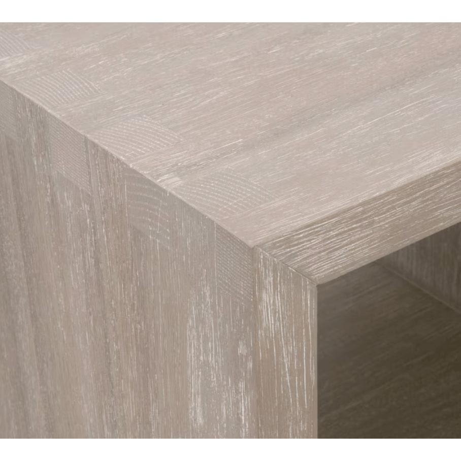 Dovetail Gray Wood End Table, close-up of transitional style acacia veneer and rubberwood with natural gray finish.