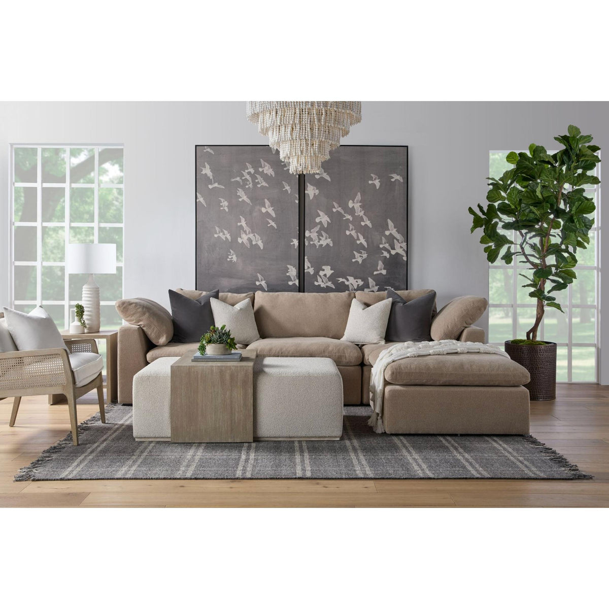 Dovetail Upholstered & Gray Wood Coffee Table with a removable waterfall wood top and linen ottoman.