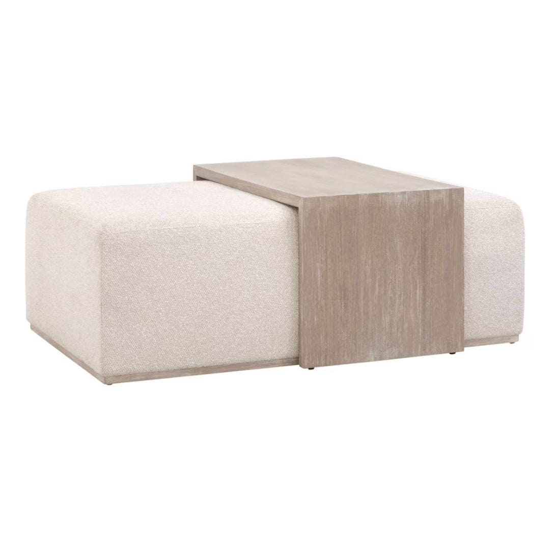 Dovetail Upholstered & Gray Wood Coffee Table with linen ottoman and removable waterfall wood top.