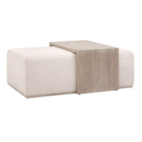 Dovetail Upholstered & Gray Wood Coffee Table with linen ottoman and removable waterfall wood top.