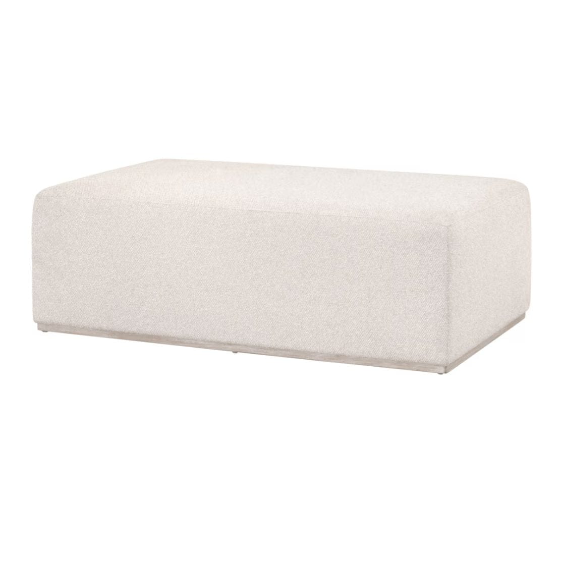 Rectangular linen-upholstered ottoman in Gellar-Linen fabric with a natural gray wood plinth base.