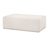 Rectangular linen-upholstered ottoman in Gellar-Linen fabric with a natural gray wood plinth base.