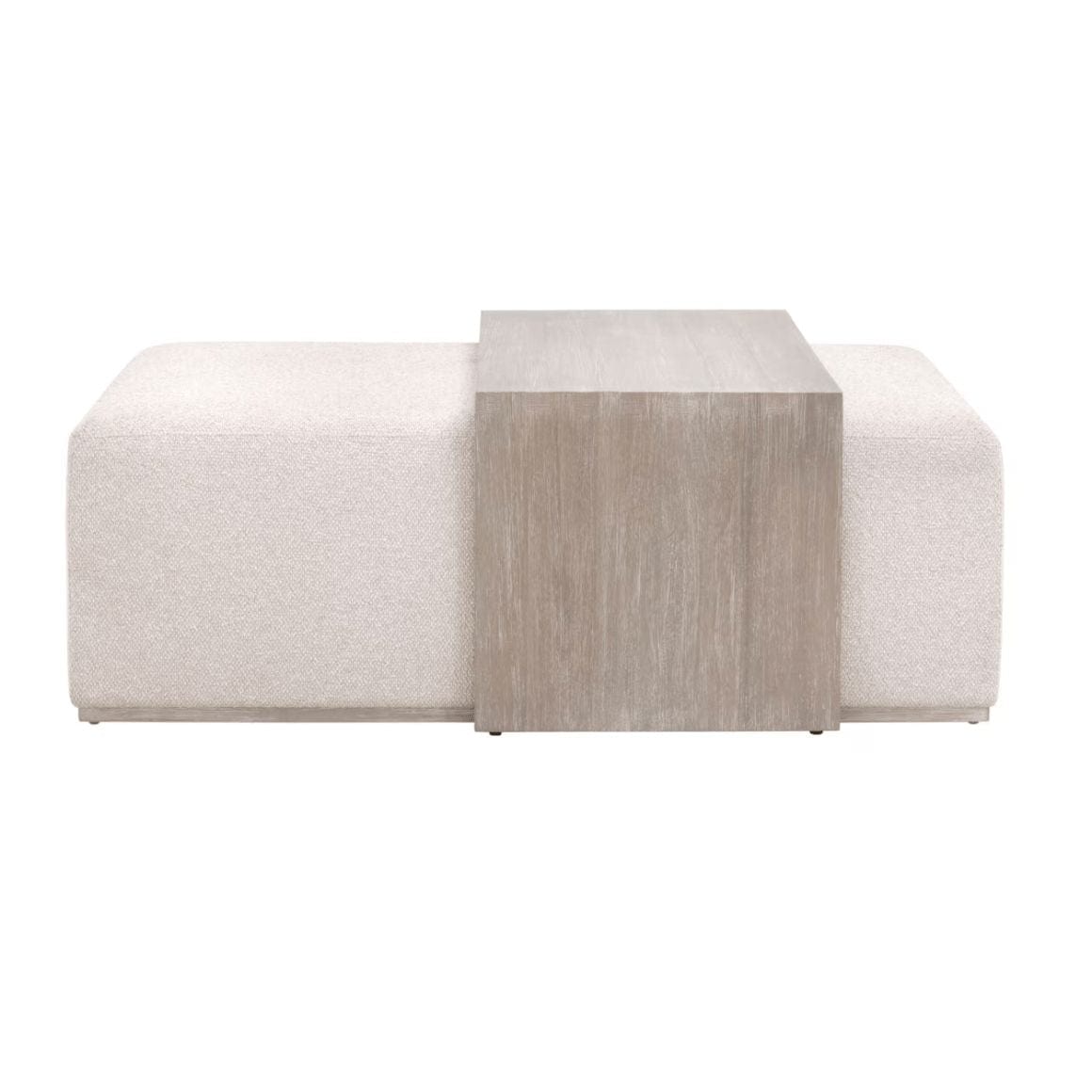Dovetail Upholstered & Gray Wood Coffee Table with a natural gray acacia wood table and linen-upholstered ottoman.