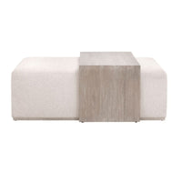 Dovetail Upholstered & Gray Wood Coffee Table with a natural gray acacia wood table and linen-upholstered ottoman.