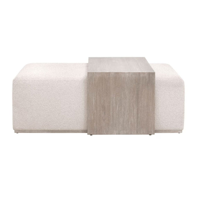 Dovetail Upholstered & Gray Wood Coffee Table with a natural gray acacia wood table and linen-upholstered ottoman.
