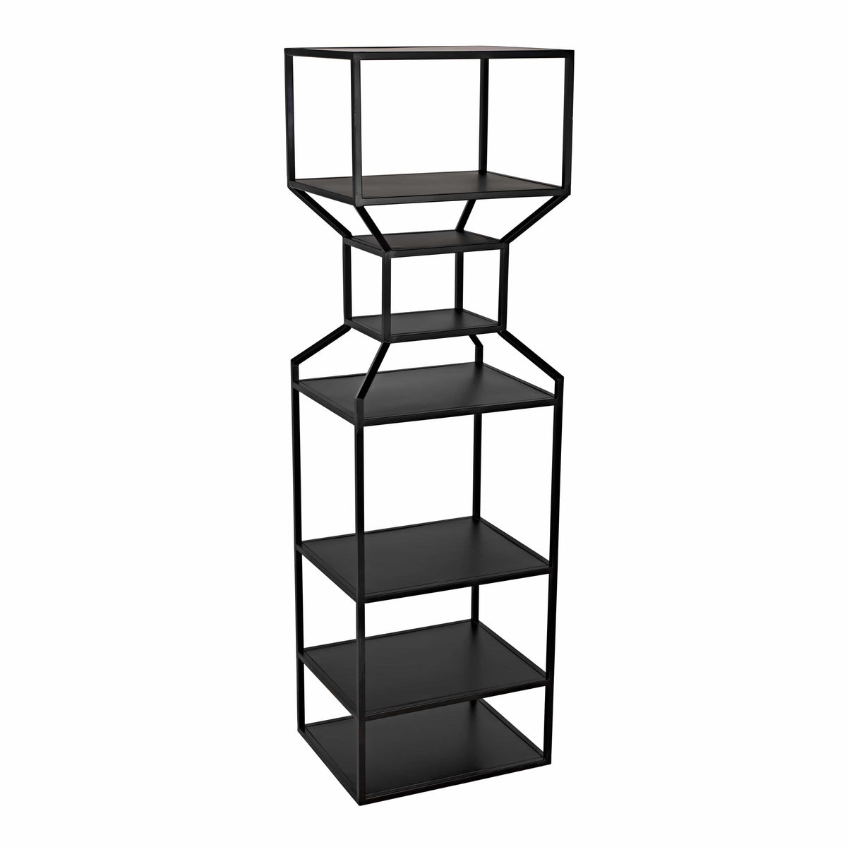 Tall black metal Downtown Bookcase with linear frame and multiple shelves for contemporary decor.