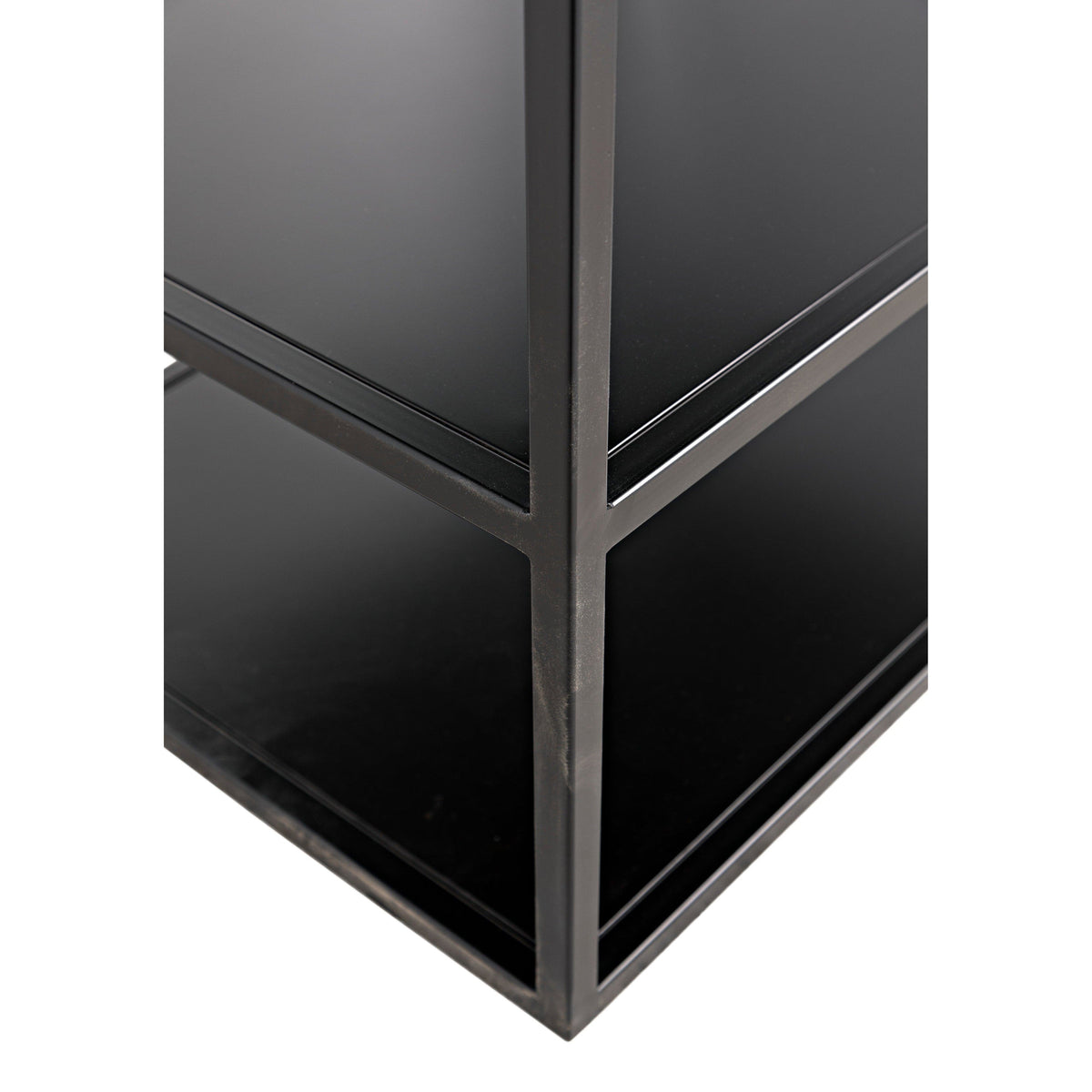 Black metal Downtown Bookcase with linear frame and dark shelves, suitable for contemporary decor.