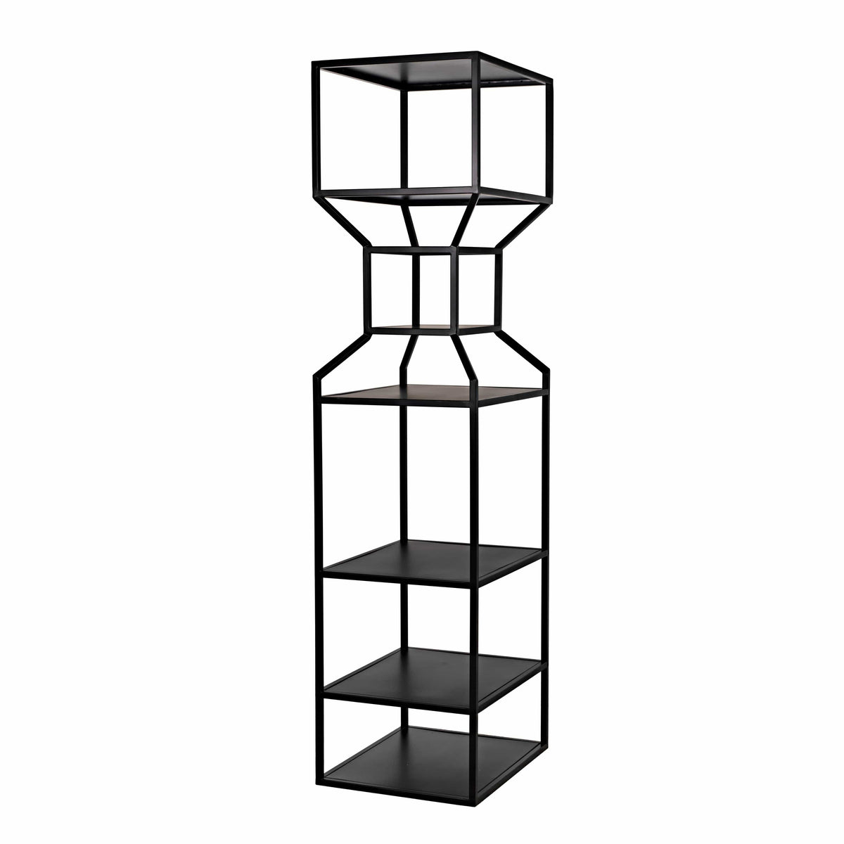 Tall black metal Downtown Bookcase with linear frame and multiple shelves, ideal for contemporary decor.