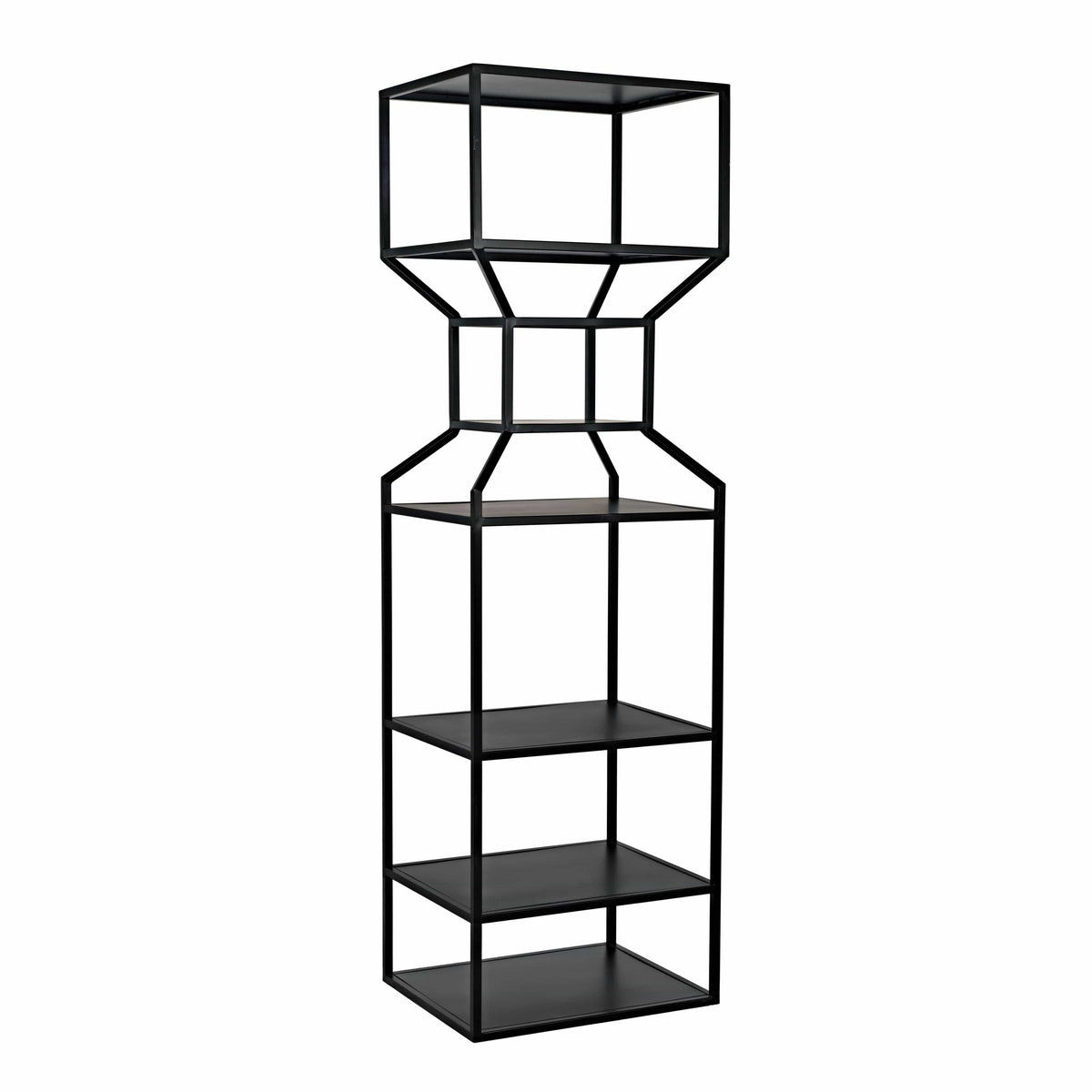 Tall black metal Downtown Bookcase with linear frame and multiple shelves, ideal for contemporary decor.