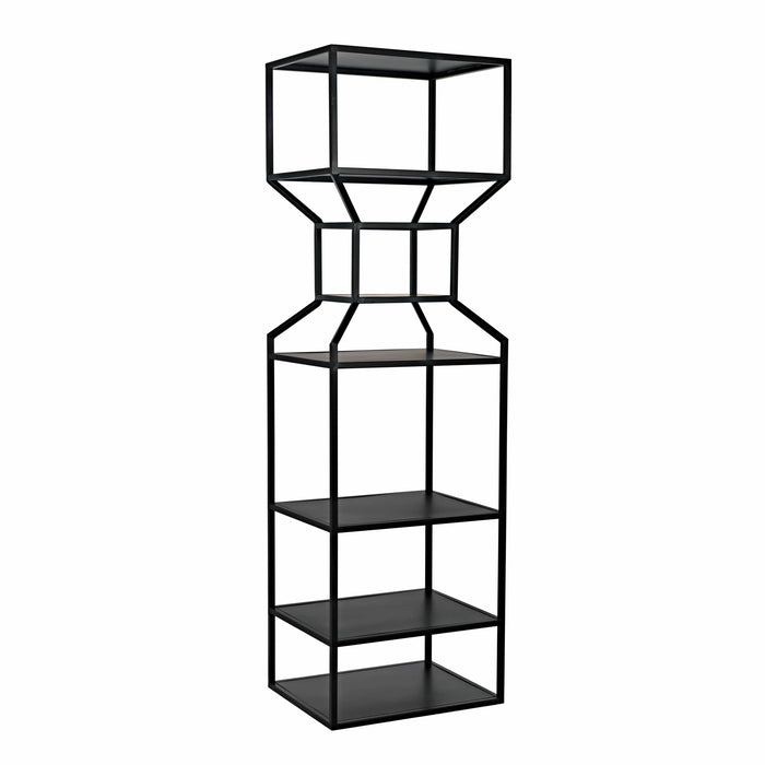 Tall black metal Downtown Bookcase with linear frame and multiple shelves, ideal for contemporary decor.
