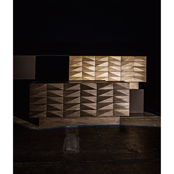 Washed walnut sideboard with nine hand-carved, geometric pattern drawers.