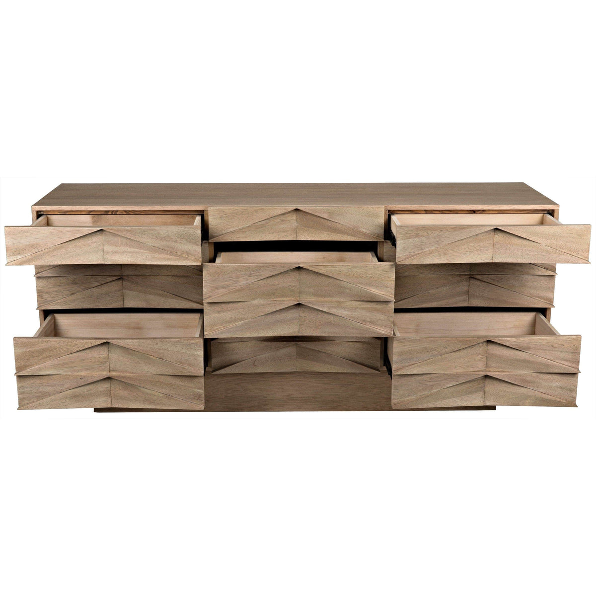 Drake Sideboard: Washed walnut, nine drawers with hand-carved geometric pattern, some drawers open.
