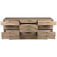 Drake Sideboard: Washed walnut, nine drawers with hand-carved geometric pattern, some drawers open.