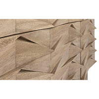 Drake Sideboard in washed walnut with nine drawers and a hand-carved geometric pattern.