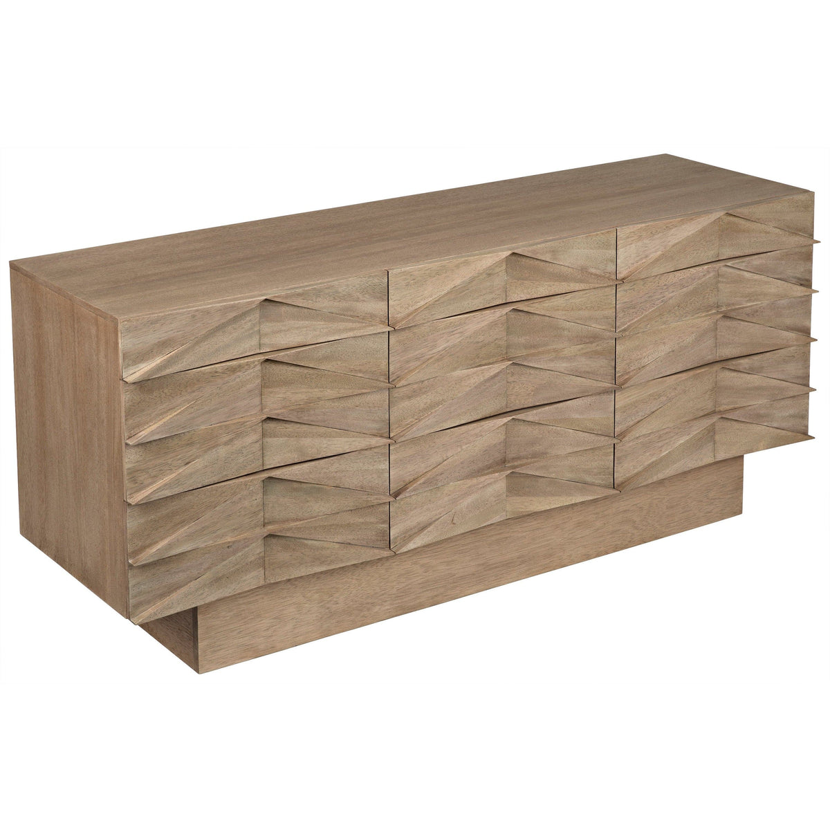 Drake washed walnut sideboard with nine hand-carved, hardware-free drawers.