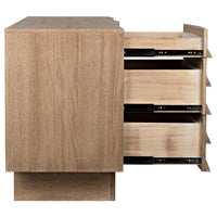 Washed walnut sideboard with nine drawers, one partially open revealing interior.