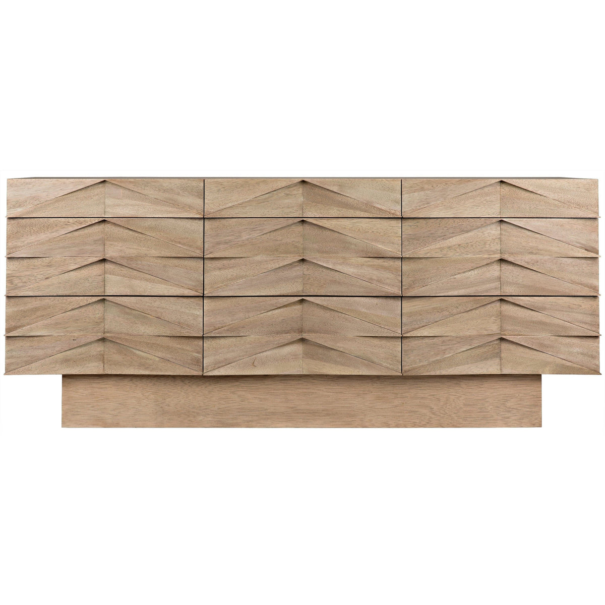 Drake Washed Walnut Sideboard with nine hand-carved, geometric pattern drawers.