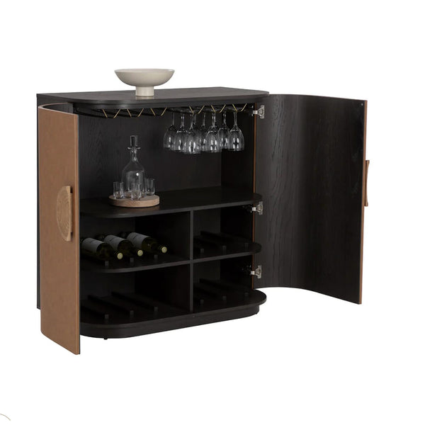 Dresden Smoke Grey & Cognac Leather Bar Cabinet - Bar Cart Shelf Detail | Bone & Brass