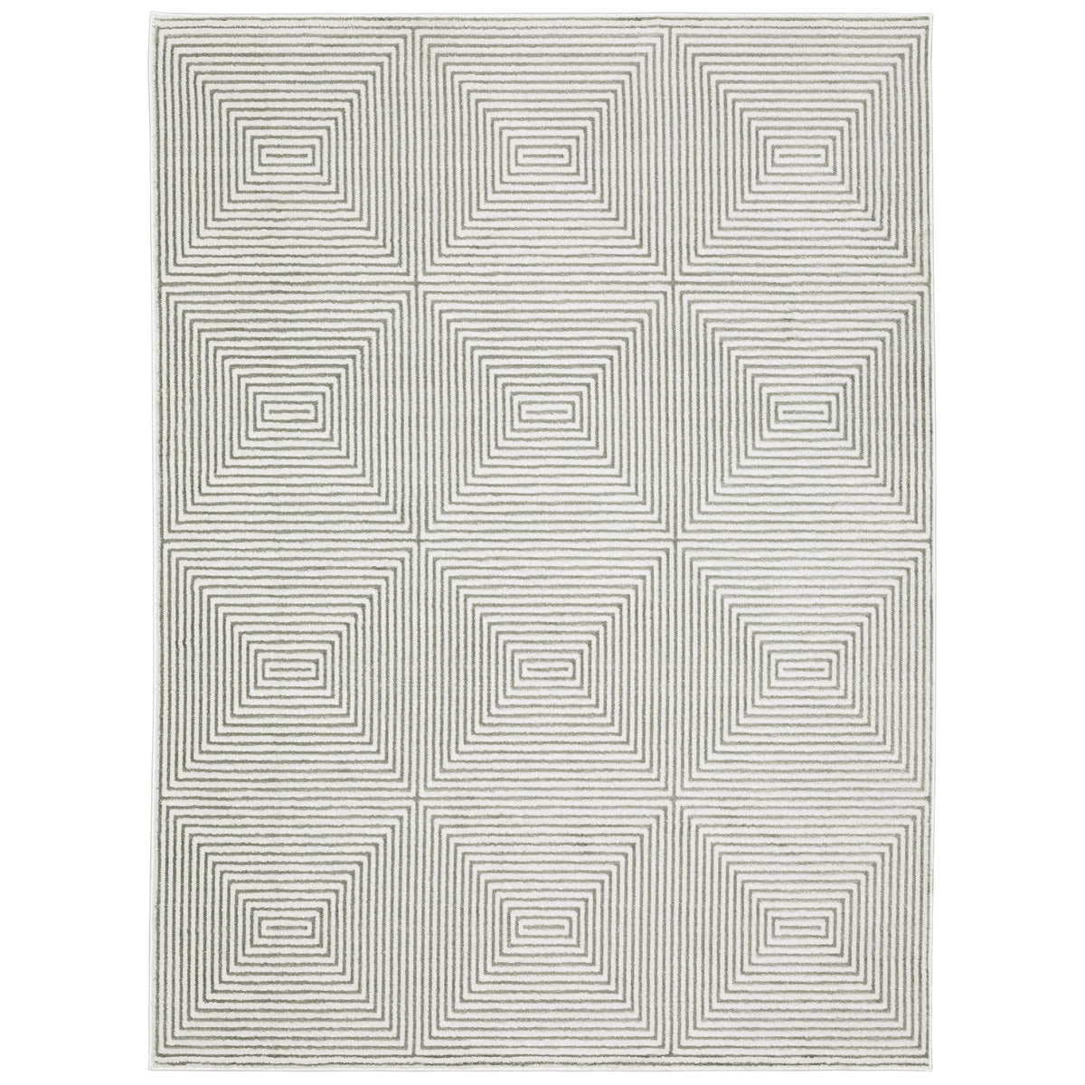 Easton Grey & Blue Casual Rug with textured concentric square pattern.