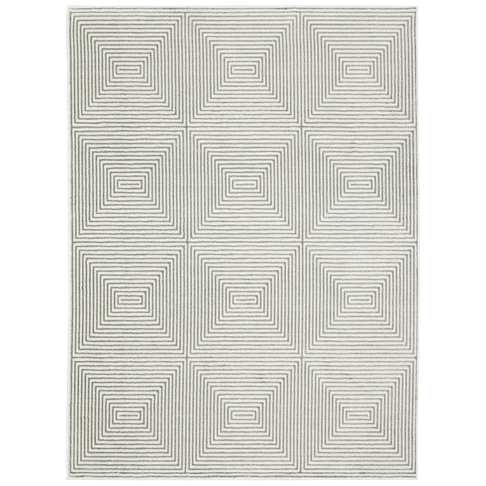 Easton Grey & Blue Casual Rug with textured concentric square pattern.