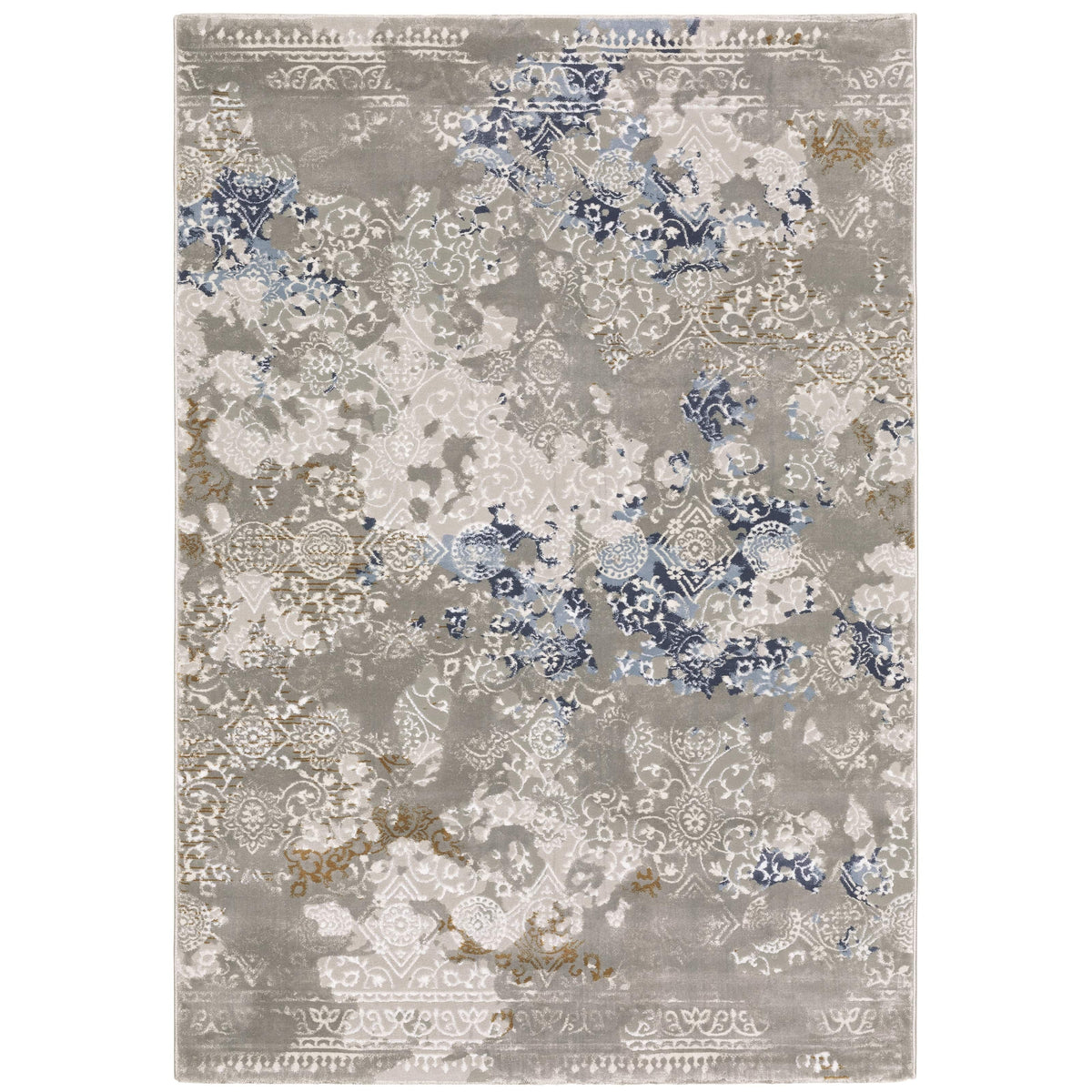 Easton Grey & Blue Casual Rug with textured, modern abstract and medallion patterns.