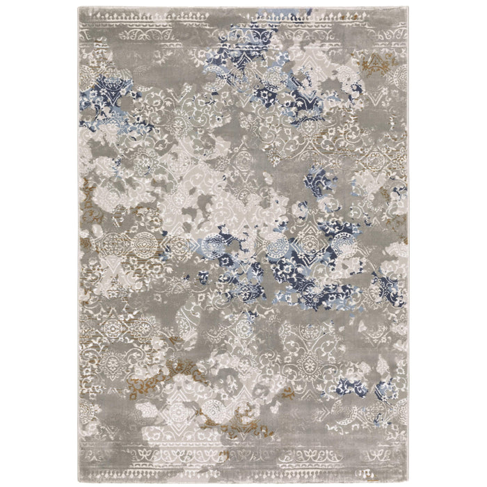 Easton Grey & Blue Casual Rug with textured, modern abstract and medallion patterns.