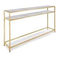 Echelon console table with natural brass iron frame and two white marble slab shelves.