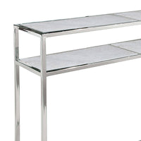 Echelon console table with polished nickel iron frame and two white marble slab shelves.