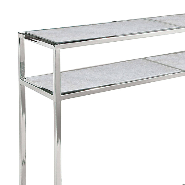 Echelon console table with polished nickel iron frame and two white marble slab shelves.