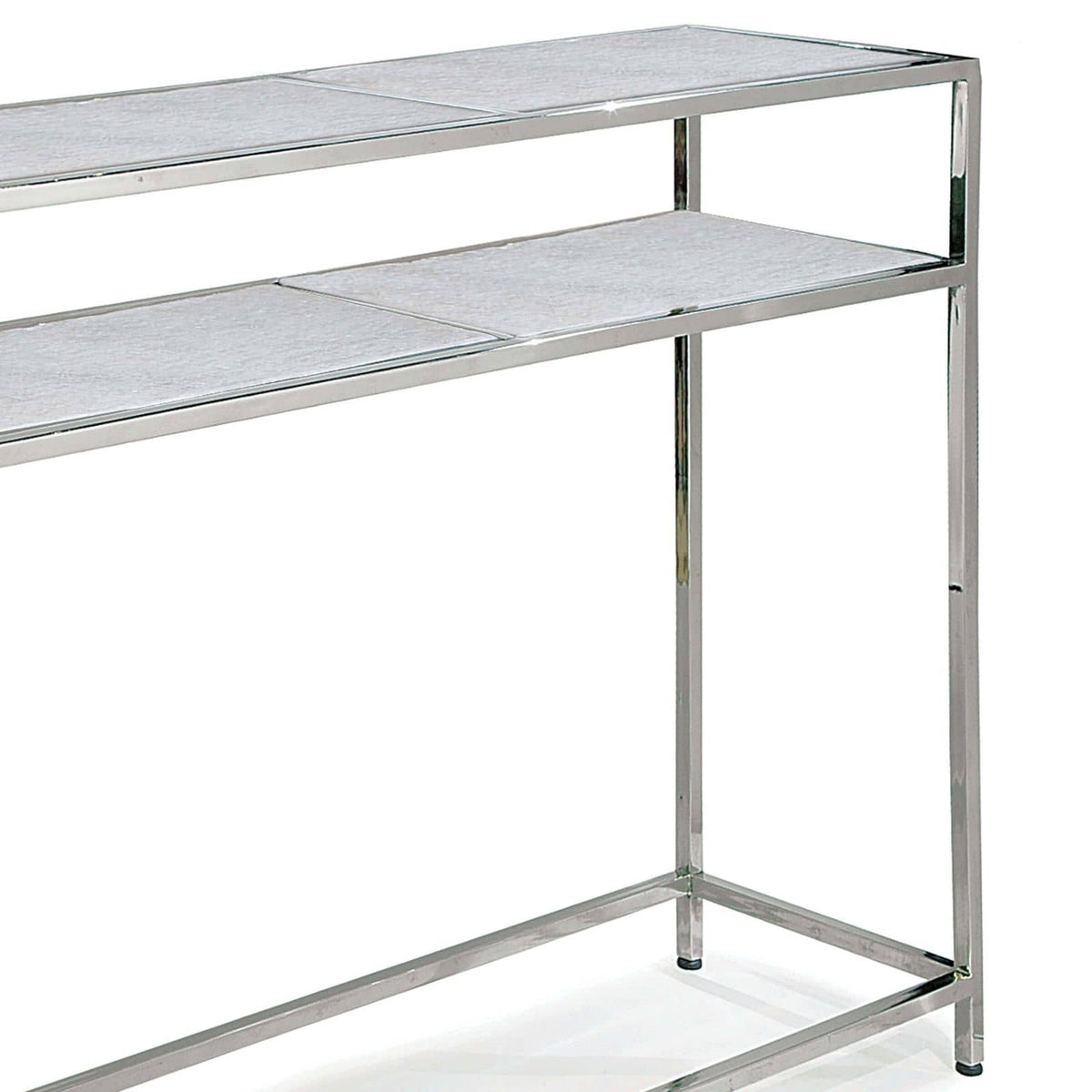 Echelon console table with polished nickel iron frame and white marble slabs.
