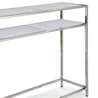 Echelon console table with polished nickel iron frame and white marble slabs.