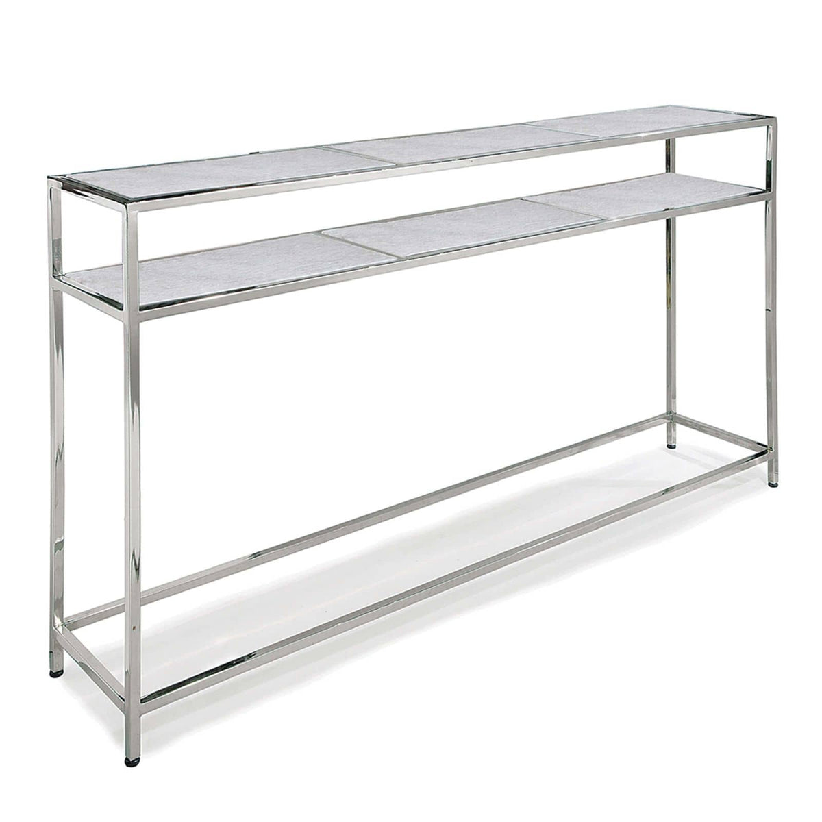 Echelon console table with polished nickel iron frame and two white marble slab shelves.