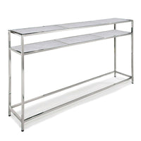 Echelon console table with polished nickel iron frame and two white marble slab shelves.