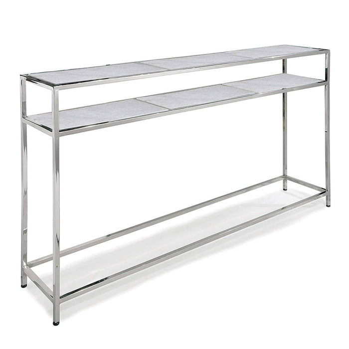 Echelon console table with polished nickel iron frame and two white marble slab shelves.