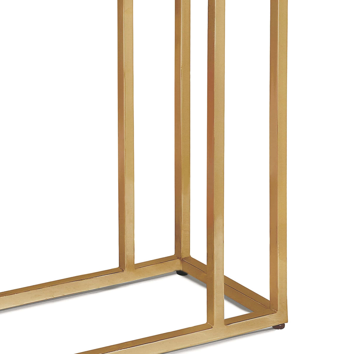 Echelon sofa hugger table with natural brass iron frame and white marble top.