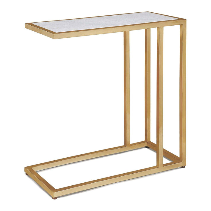 Echelon sofa hugger table with a white marble top and natural brass iron frame.
