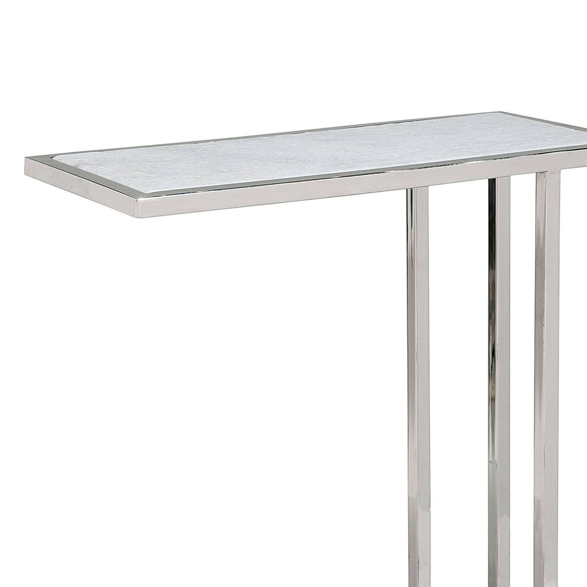 Echelon sofa hugger table with a white marble top and polished nickel iron frame.