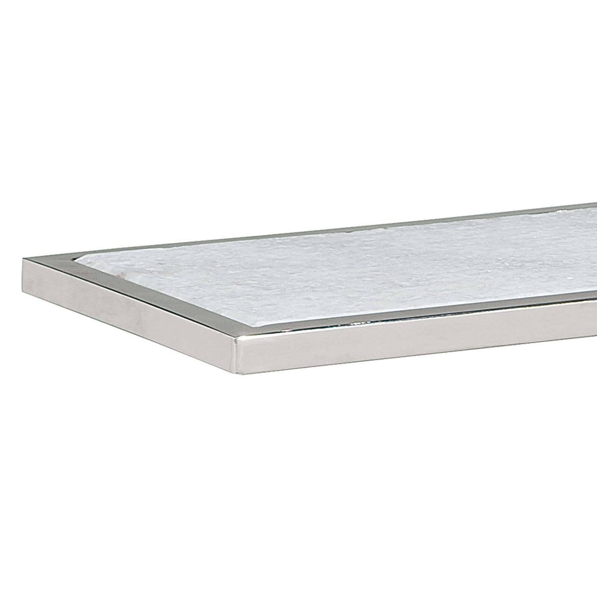 Echelon sofa hugger table with a white marble slab top and polished nickel iron frame.