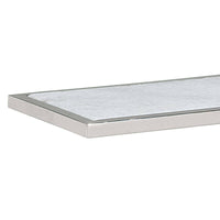 Echelon sofa hugger table with a white marble slab top and polished nickel iron frame.