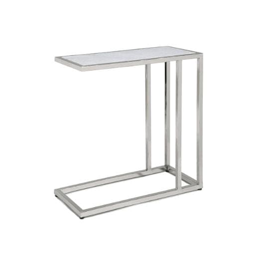 Echelon sofa hugger table with a white marble top and polished nickel iron frame.