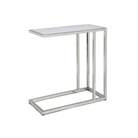 Echelon sofa hugger table with a white marble top and polished nickel iron frame.