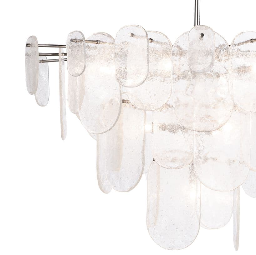 Modern Echo Chandelier with clear, textured water glass panes and brushed nickel accents.
