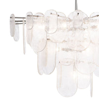 Modern Echo Chandelier with clear, textured water glass panes and brushed nickel accents.