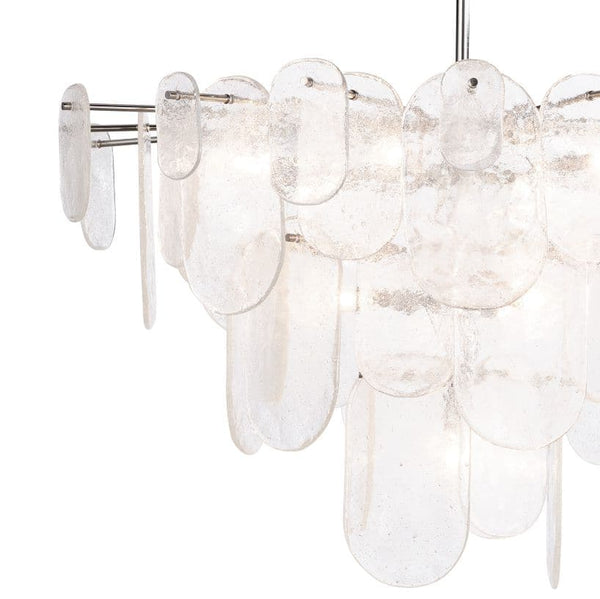 Modern Echo Chandelier with clear, textured water glass panes and brushed nickel accents.