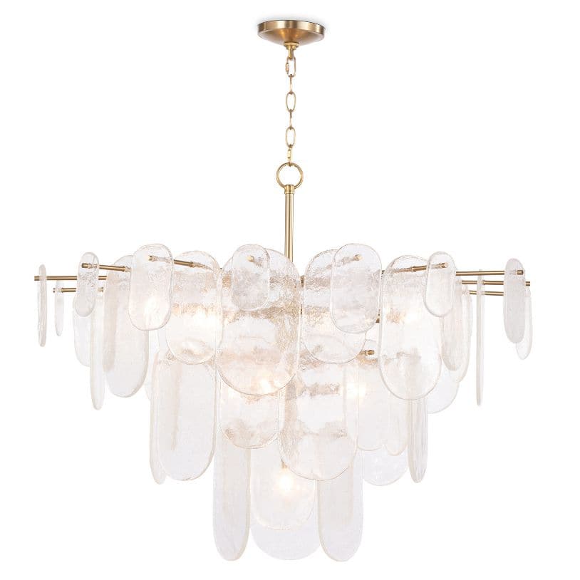 Modern Echo Chandelier with gold finish and multiple tiers of textured water glass panes.
