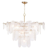 Modern Echo Chandelier with gold finish and multiple tiers of textured water glass panes.