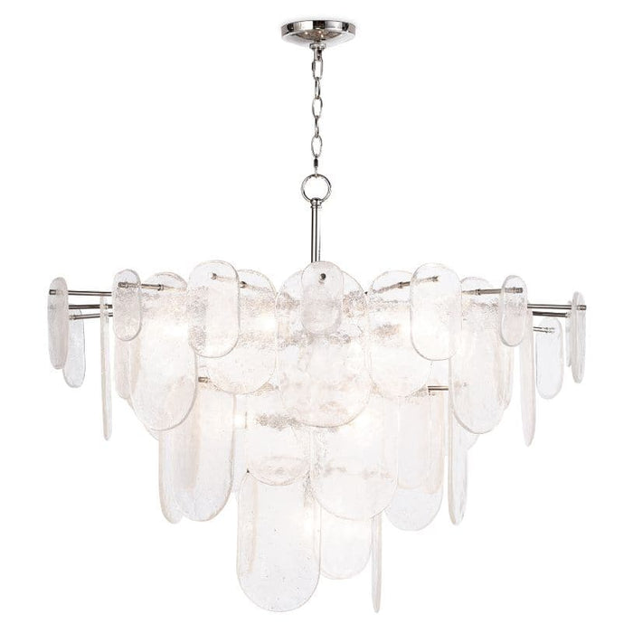 Modern Echo Chandelier with tiered water glass panes and polished chrome hardware, providing a soft glow.