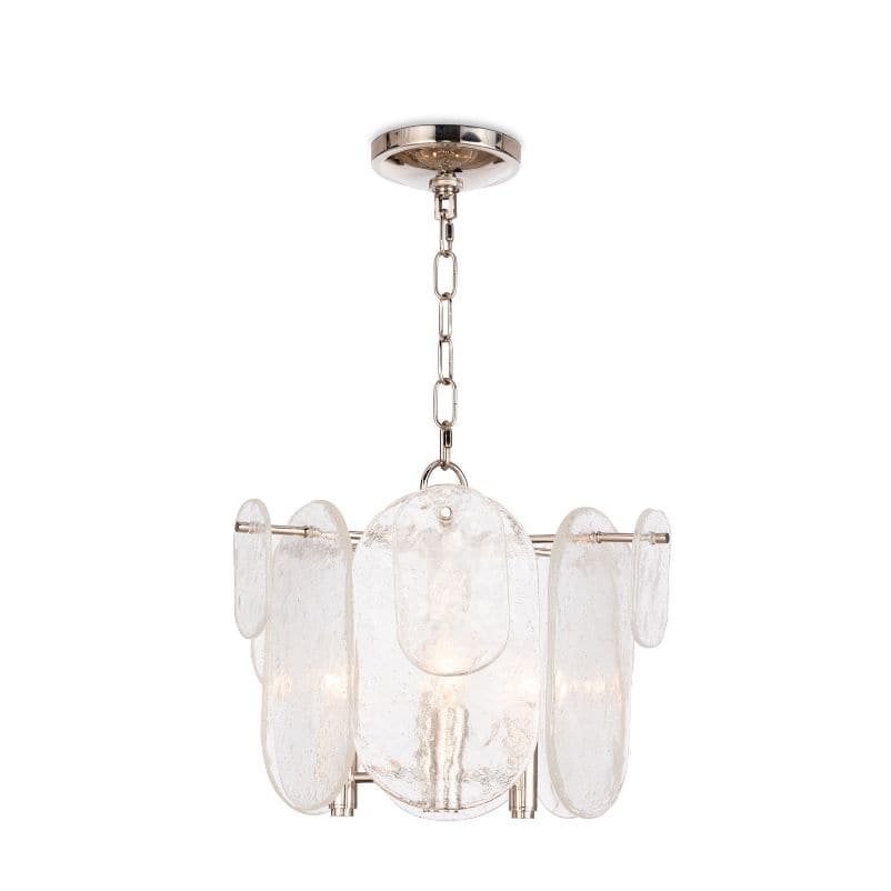 Modern Echo Pendant with clear water glass panes and polished nickel hardware.